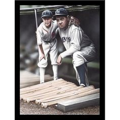 two baseball players standing next to each other on top of a wooden base ball bat