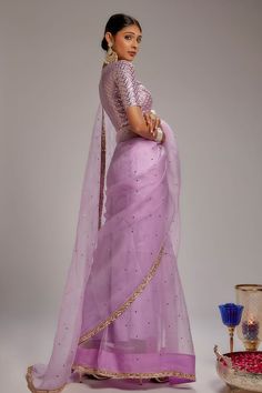 Lilac pure organza saree with scattered badla work. Comes with georgette mukaish embroidered blouse. - Aza Fashions Anarkali Style Pre-draped Organza Saree For Eid, Purple Chanderi Pre-draped Saree For Reception, Festival Organza Pre-draped Saree With Mirror Work, Cotton Silk Pre-draped Saree With Mirror Work For Reception, Purple Chanderi Pre-draped Saree For Wedding, Festive Organza Pre-draped Saree With Mirror Work, Bollywood Organza Pre-draped Saree For Eid, Traditional Pre-draped Organza Saree With Mirror Work, Designer Pre-draped Organza Saree For Eid