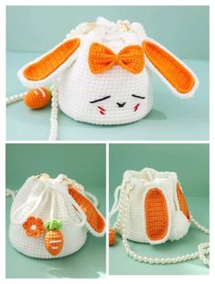 crochet bunny bag with carrots on the front and side, shown in three different views