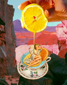 a person is holding an orange slice above a teacup with a woman on it