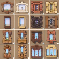 the different types of windows are shown in this image, and each window is made out of wood