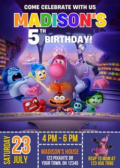 an image of a birthday party with the characters from inside out in front of them