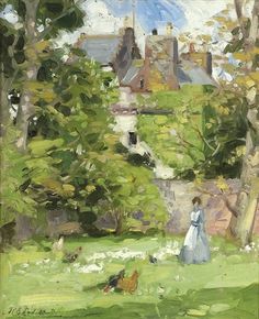 an oil painting of a woman in a blue dress walking through a park with chickens