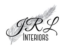 the j r l interiors logo is shown in black and white, with a feather on it