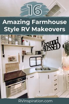 a kitchen with white cabinets and black counter tops is featured in the magazine 16 amazing farmhouse style rv makeovers