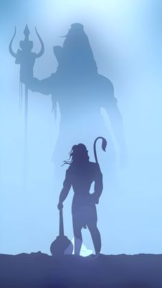 the silhouette of a man holding a shovel and standing in front of a giant demon