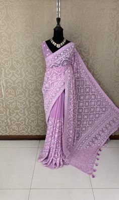 Fabric - Gorgette  Chikankari saree wid blouse piece Purple Georgette Saree With Self Design, Purple Self Design Georgette Saree, Semi-stitched Georgette Saree With Self Design, Semi-stitched Self Design Georgette Saree, Purple Georgette Saree With Unstitched Blouse, Purple Georgette Blouse Piece With Self Design, Purple Georgette Saree With Cutdana, Purple Georgette Saree With Zari Work, Purple Georgette Saree With Traditional Drape