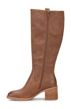 A tall side zipper adds easy-wear comfort to this timeless knee-high boot rendered in smooth faux leather. 2 1/2" heel 14" shaft; 15" calf circumference Imported Brown Wide Calf Knee-high Boots With Zipper, Wide Calf Tall Faux Leather Knee-high Boots, Classic Slippers, Brown Fits, Tom Ford Sunglasses, Flip Flop Slippers, Ugg Classic, Kids Outerwear, Sweaters And Leggings