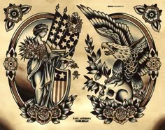 an old school tattoo design with two eagle and a skull on the back of it