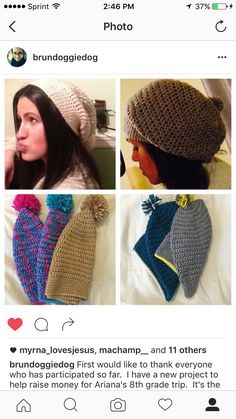 four photos of different hats and mittens on the same page, one has been made to look like they are crocheted