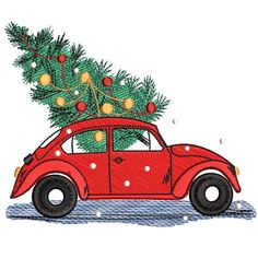 a red car with a christmas tree on top