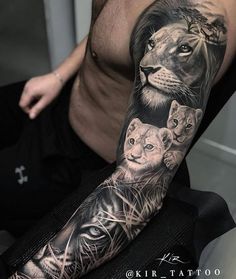 a man's arm with an animal tattoo on it and two lions in the background