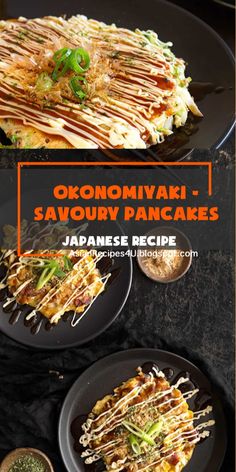 two plates with food on them and the words okonomikaki savory pancakes