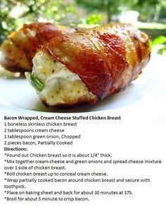 bacon wrapped, cream cheese stuffed chicken breast