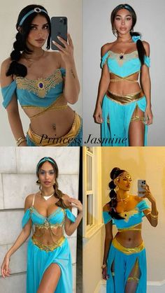 three different pictures of a woman in blue and gold outfits with her phone up to her ear