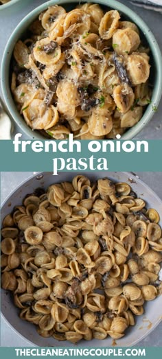 two pictures with different types of pasta in them and the words, french onion pasta