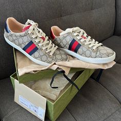 These Are New In The Box Ace Gg Supreme Sneakers. Eu 40 Wish Is A Size 9 In Us. Wear A 10 And These Fit Me Nicely. I Bought These And Then Never Wore Them. Comes With Shoes, Box, And Shoes Storage Gucci Bags. Style 499410 96g50 9768 Beige/Ebony Gg Supreme Canvas Blue And Red Web Red Leather Detail On The Heel Of One Shoe And Blue On The Other Rubber Sole Flat .6" Height Made In Italy These Shoes Run Big, We Recommend Sizing Down One Size On The Gucci Website It Does Say They Run Large To Conside Womens Pink Sneakers, Supreme Sneakers, Streetwear Coat, Gucci Ace Sneakers, Shoes Storage, Bags Style, Red Web, Shoes Box, Silver Sneakers