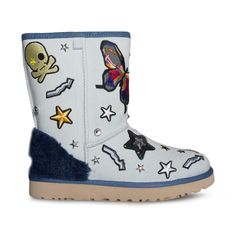 Punky Swarovski-crystal embellished patches and bleachy denim combine on this classic boot inspired by the laid-back surfer culture of the West Coast. The Treadlite by UGG™ sole provides increased cushioning, durability and traction on both wet and dry surfaces. 1" heel; 3/4" platform (size 9) 8 1/2" shaft Pull-on styl Bleach Denim, Yeezy Boots, Ugg Store, Ugg Outlet, Pretty Shoes Sneakers, Bleached Denim, Denim Boots, Girly Shoes, Classic Boots