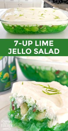 7-UP Jello Salad Recipe - Granny's in the Kitchen Lime Jello Recipes, Lime Jello Salad, Green Jello Salad, Jello Fruit Salads, Dessert Salad Recipes, Lime Jello Salads, Jello Mold Recipes, Congealed Salad, Gelatin Salad