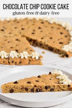 a slice of chocolate chip cookie cake on a plate