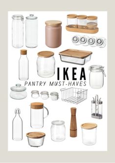 the ikea pantry must haves are shown in various sizes and colors, including jars