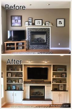 before and after pictures of a fireplace with built - in bookshelves, entertainment center