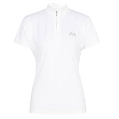 a women's white polo shirt with an embroidered logo on the chest and collar