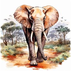 an elephant is standing in the dirt near some trees and watercolor paint on paper