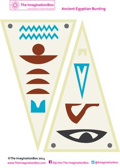 two triangular banners with symbols on them, one in blue and the other in brown