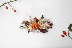 Autumn Flower Hair Comb Burnt Orange and Ivory Flower Comb - Etsy Bridal Flower Hair Comb, Autumn Bridal, Fall Wedding Hairstyles, Fleur Orange, Floral Comb, Floral Hair Combs, Flower Comb, Ivory Flower, Bridal Hair Flowers