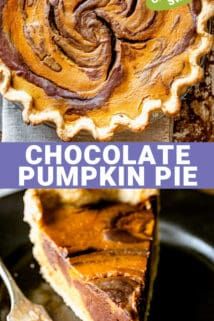 chocolate pumpkin pie on a plate with a slice cut out and the title overlay reads, chocolate pumpkin pie