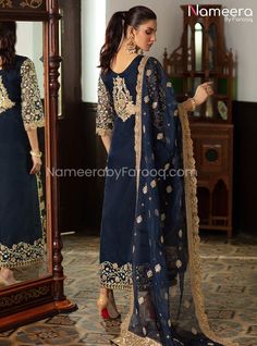 Elegant Pakistani Dress Dark Blue Pakistani Dress, Eid Chanderi Sets With Gold Embroidery, Unstitched Suit With Gold Embroidery For Eid, Anarkali Unstitched Suit With Gold Embroidery, Bollywood Style Unstitched Suit With Gold Embroidery For Eid, Gold Embroidered Sharara For Formal Occasions, Gold Sharara With Gold Embroidery For Formal Occasions, Formal Gold Sharara With Gold Embroidery, Elegant Gold Embroidered Semi-stitched Sharara