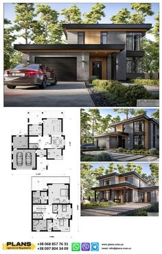 two story house plan with three car garages in the front and one bedroom on the back