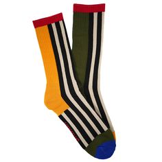 Our bold black-and-cream white striped socks feature red, gold, green and bright blue color blocked accents on the heels, toes and ankles. It feels a little 80s, like a Memphis Group design... or just a punch in the face of color. Crew socks 70% cotton, 20% spandex, 10% elastic One size fits most (US men's size 6 to 11) Also available as part of our sock pack! Memphis Group, Bright Blue Color, Punch In The Face, Color Crew, Sock Packs, Sticker Patches, Striped Socks, Us Man, Bold Black