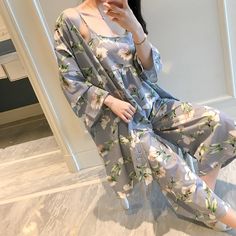 Relax, rejoice, and reenergize after a day full of meetings and work with this 3 Piece Women Floral Cardigan Pajama Set Home Wear. It combines attractive prints designed on durable fabric that can be easily work and spent the whole night in. Get a few of these for yourself or gift it to your colleague or best-friend who deserves a great sleep too! This loungewear is all you need to help relax at home. The beautiful pajamas are soft and easy to touch which projects versatility and effortless grac Robe Women, Night Skirt, Homewear Woman, Homewear Fashion, Night Suit, Cute Pajamas, Floral Cardigan, Sleep Set, Home Wear