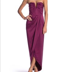 Fit: This Style Fits True To Size. - Split Neck - Strapless With No-Slip Strip - Concealed Back Zip With Hook-And-Eye Closure - Front Wired V Cutout - Solid Color - Gathered Pleats - Silk Construction - Interior Boning - Surplice Hem - Lined - Approx. 44" Shortest Length, 53" Longest Length (Size Xs) Shell: 100% Silk Gorgeous Evening Gown For A Wedding Or Other Formal Event Silk Strapless Floor-length Cocktail Dress, Elegant Purple Strapless Dress For Date Night, Pre-draped Strapless Gown For Party, Floor-length Silk Strapless Dress For Party, Strapless Pre-draped Party Gown, Kim Dress, Yumi Kim, Silk Maxi Dress, Evening Gown