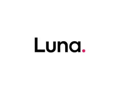 the word lunaa written in black and red on a white background with an orange dot