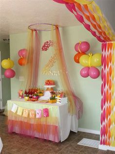 a birthday party with balloons and streamers on the ceiling, decorated in bright colors