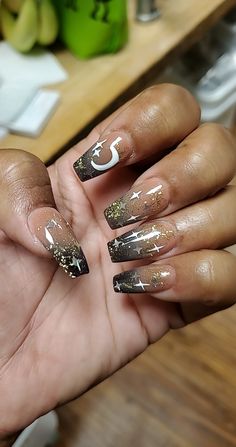 Cresent moons nude black white stars glitter hand drawn nail tech free hand Black With Gold Stars Nails, Black Silver Star Nails, Black Nails With Moon And Stars, Black Glitter Star Nails, Moon And Star Nails Acrylic Black, Black And White Stars, Glitter Stars, Star Nails, Nude Nails