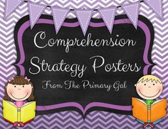 two children reading books in front of a blackboard with the words compension strategy posters