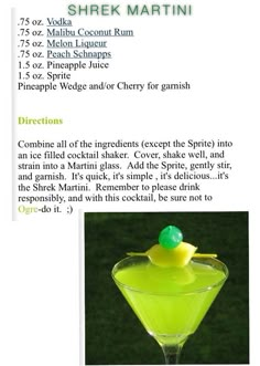 Shrek Martini, Shrek Party Drinks, Shrek Themed Cocktails, Shrek Alcoholic Drinks, Shrek Trivia, Shrek Theme Party Ideas, Shrek Recipes, Shrek Drinks, Shrek Adult Birthday Party