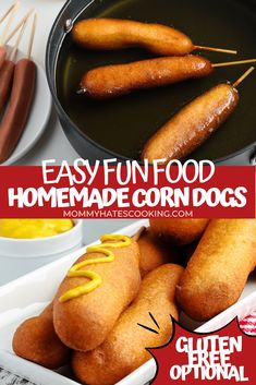 homemade corn dogs with ketchup and mustard on skewers in a frying pan