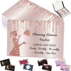 a business card with pink glitter on the front and white envelope, featuring a silhouette of a woman holding an umbrella