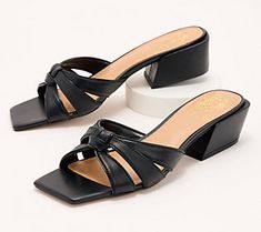 These heeled mules are sweet and sassy with a knotted detail on the vamp. From Vince Camuto. Casual Square Toe Mules For Evening, Casual Evening Mules With Padded Heel, Casual Evening Heels With Heel Loop, Casual Mules With Wrapped Low Heel, Summer Mules With 4-inch Square Toe Heel, Casual Mules With Low Heel, Summer Mules With 4-inch Heel And Square Toe, Summer Square Toe Mules With 4-inch Heel, Casual Party Mules Medium Width