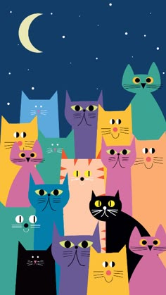 a group of cats that are standing in the night sky with stars and moon behind them