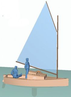 two people are sitting on a small sailboat in the water, one is blue