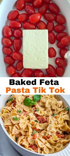 baked feta pasta with tomatoes and basil in a white bowl