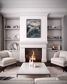 a living room filled with furniture and a fire place in front of a white fireplace