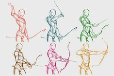 four different colored drawings of people with bows and arrows