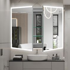 a bathroom sink sitting under a large mirror